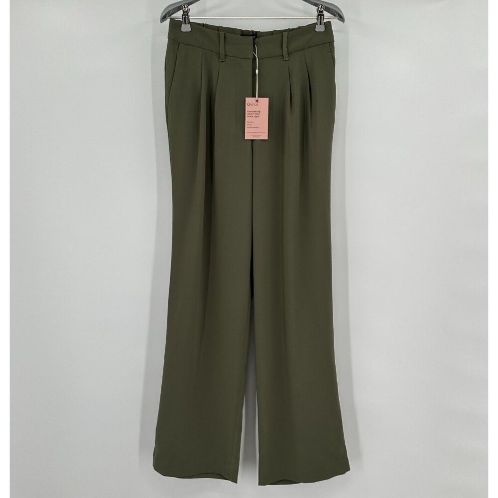 Quince Women's Stretch Crepe Pleated Wide Leg Pants Olive sz S NWT 30" Inseam